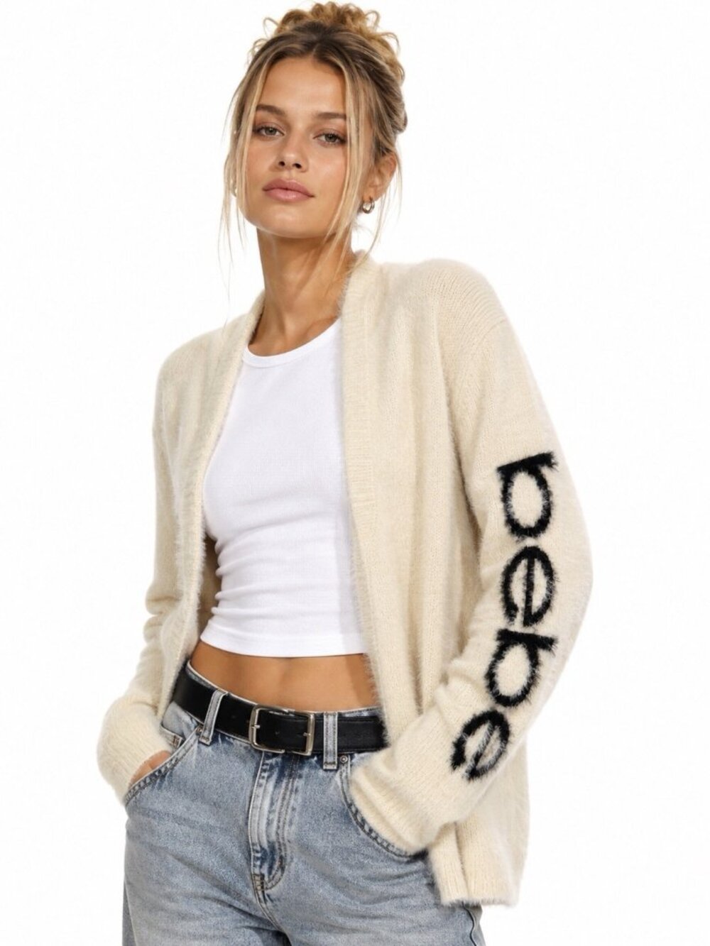 BEBE fuzzy logo sleeve open cardigan sweater MEDIUM ivory Y2K 90s style retro